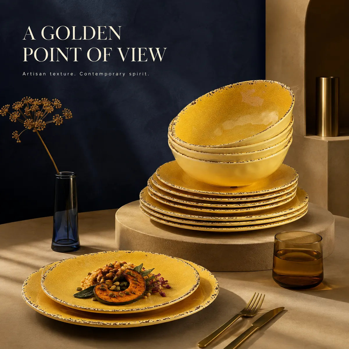 Platefula Yellow Crackle Dinnerware Set